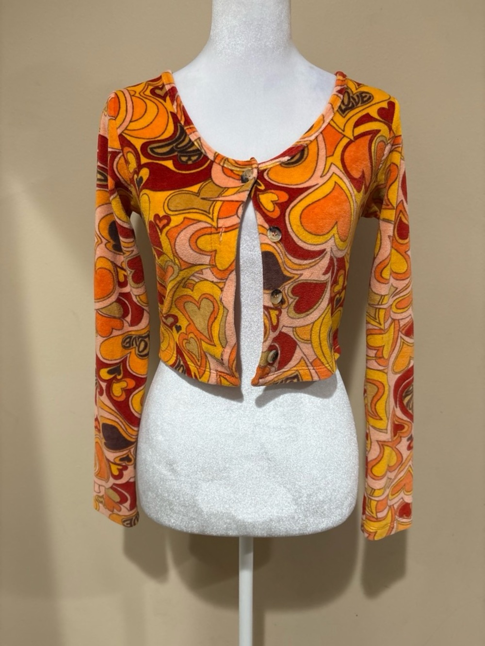Vintage-Inspired Orange Multi Print Crop Cardigan